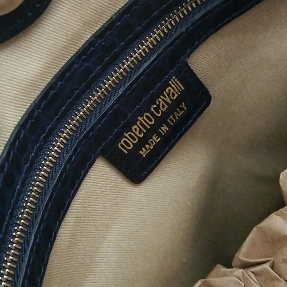 Roberto Cavalli NWT Women's Navy Blue Leather Snake Tote Handbag - Picture 4 of 6